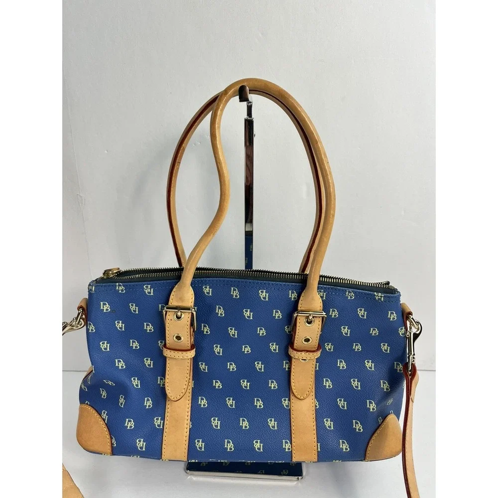 Dooney & Bourke Blue & Tan Monogram Satchel Purse w/ Wallet Glasses Case ID Hold